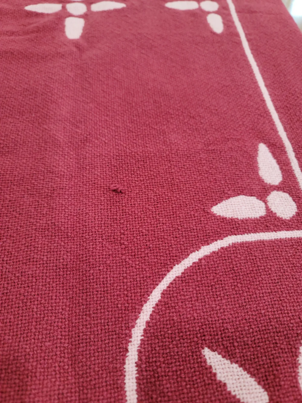 Vintage crimson & cream woven cotton throw blanket cottagecore Houses And Hearts